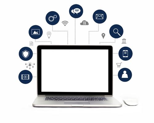 Laptop with digital marketing icons.